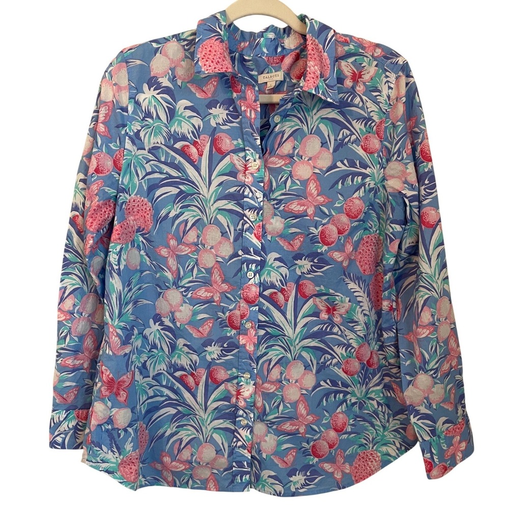 Talbots Size L Blue Tropical Fruit Butterfly Floral Cotton Button Up Shirt